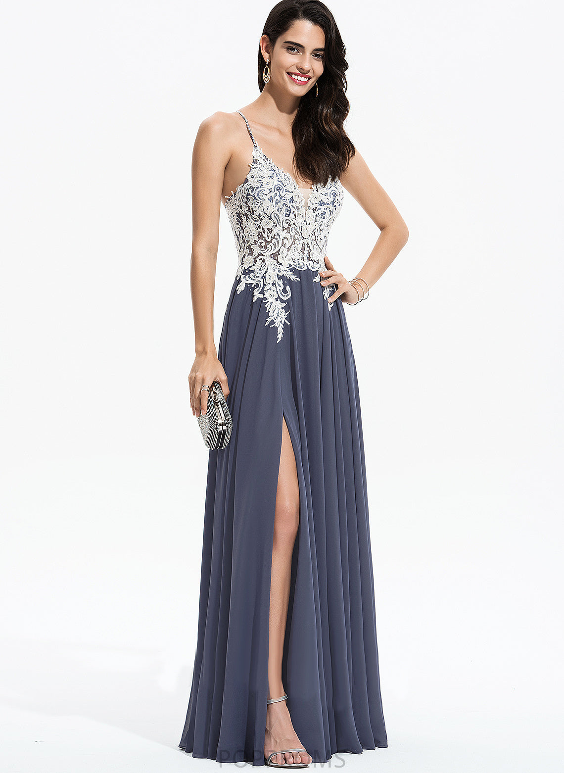 Sequins Esperanza Floor-Length Chiffon A-Line V-neck Beading Prom Dresses With