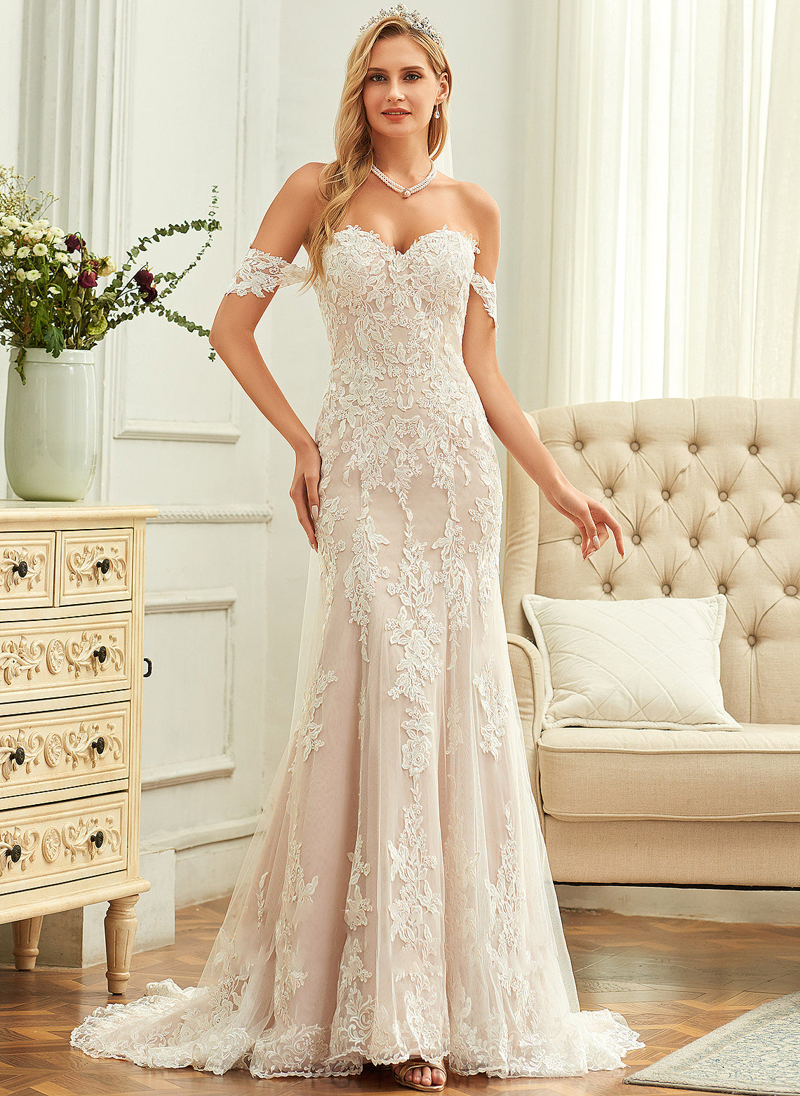 Lace Wedding Train Tabitha Trumpet/Mermaid Wedding Dresses Off-the-Shoulder Dress Court Tulle