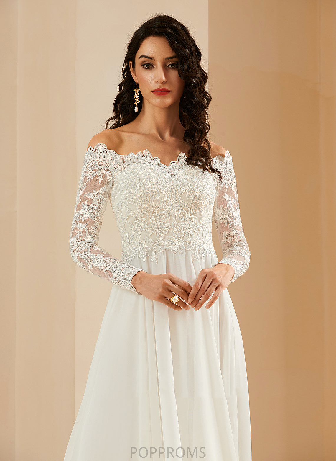 Lace Dress Wedding Dresses With Chiffon Sweep A-Line Train Kaya Wedding Off-the-Shoulder