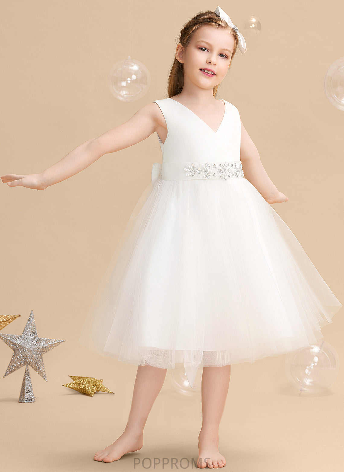 Knee-length Satin/Tulle A-Line Bow(s) Dress - With Flower Sleeveless Girl Flower Girl Dresses Joselyn V-neck