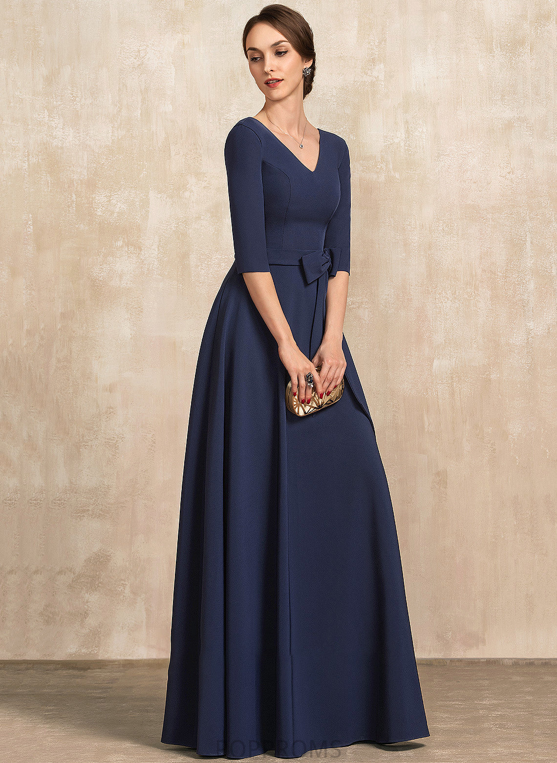 Mother of the Bride Dresses Bride With the Bow(s) V-neck A-Line of Princess Mother Dress Stretch Floor-Length Crepe