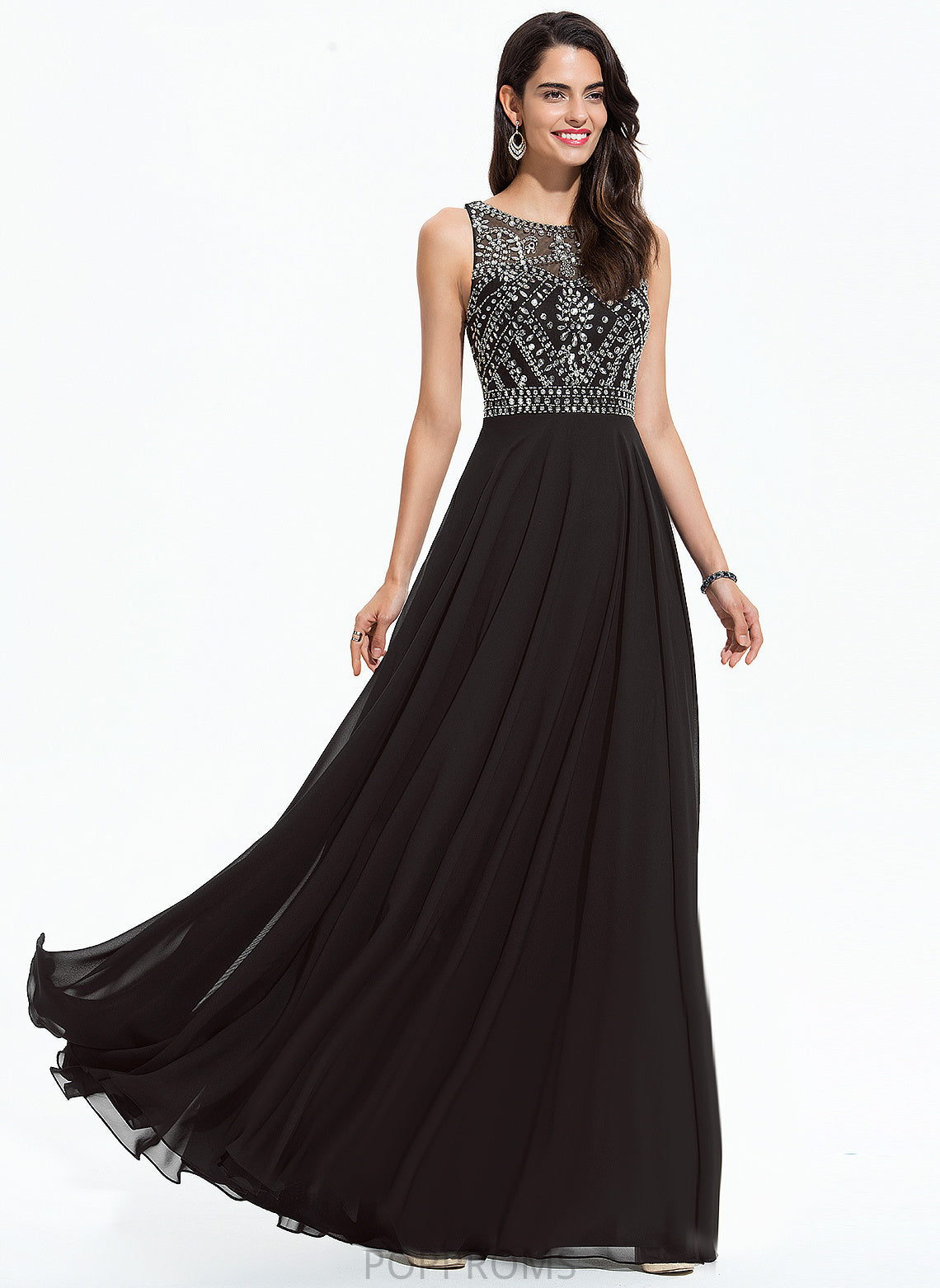 With A-Line Floor-Length Melany Chiffon Sequins Scoop Prom Dresses Beading