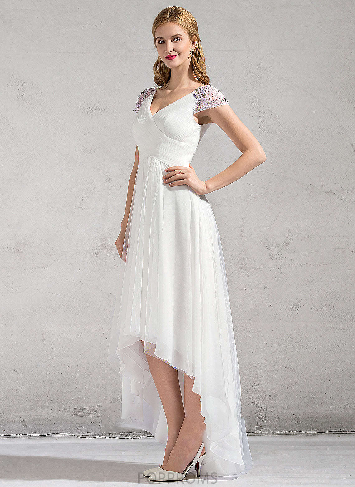 With Beading Sequins Wedding Dresses Dress A-Line Ruffle Wedding V-neck Asymmetrical Tulle Anastasia