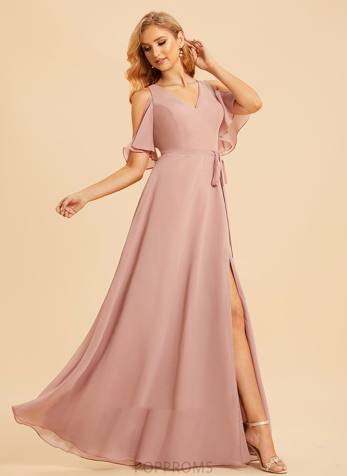 Silhouette V-neck Fabric Floor-Length Length A-Line Neckline Embellishment SplitFront Keyla Natural Waist Halter Bridesmaid Dresses