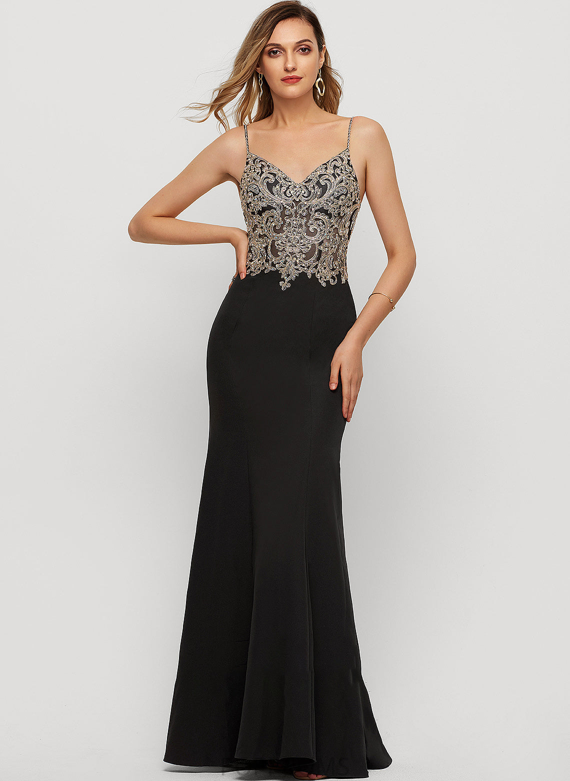 V-neck Sequins Prom Dresses Monique Beading Stretch Floor-Length With Crepe Trumpet/Mermaid