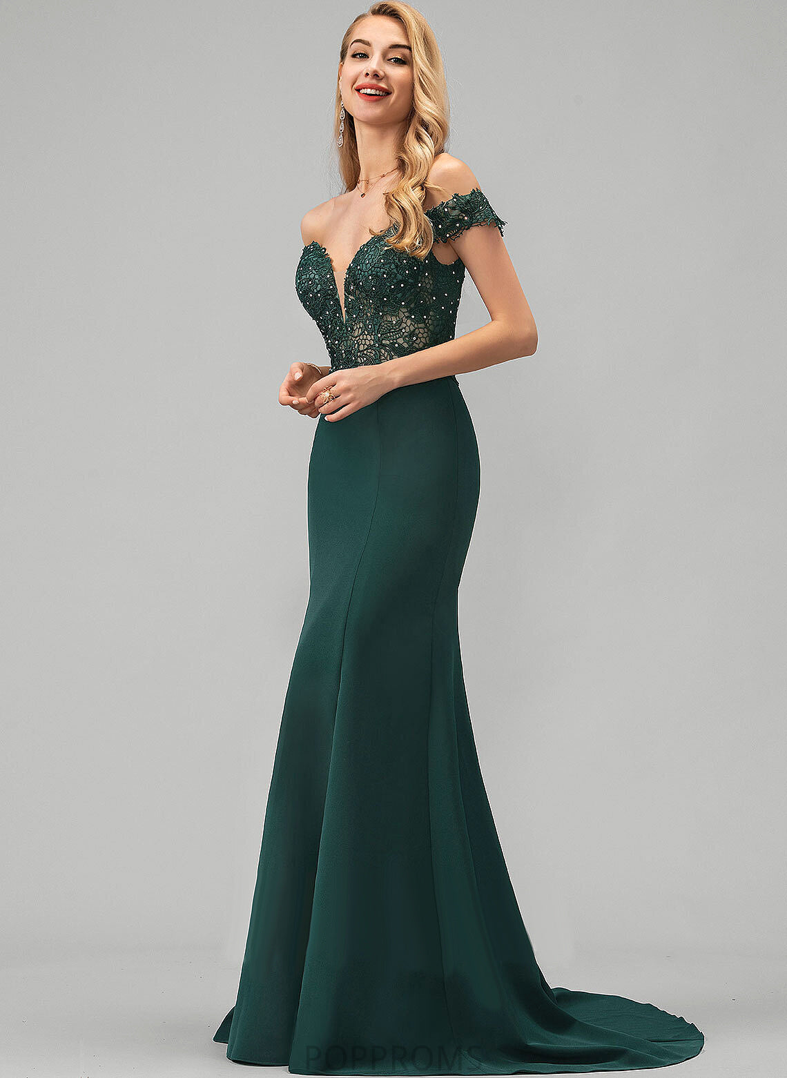 Trumpet/Mermaid Sweep Zoe Train Off-the-Shoulder With Prom Dresses Crepe Beading Stretch Sequins