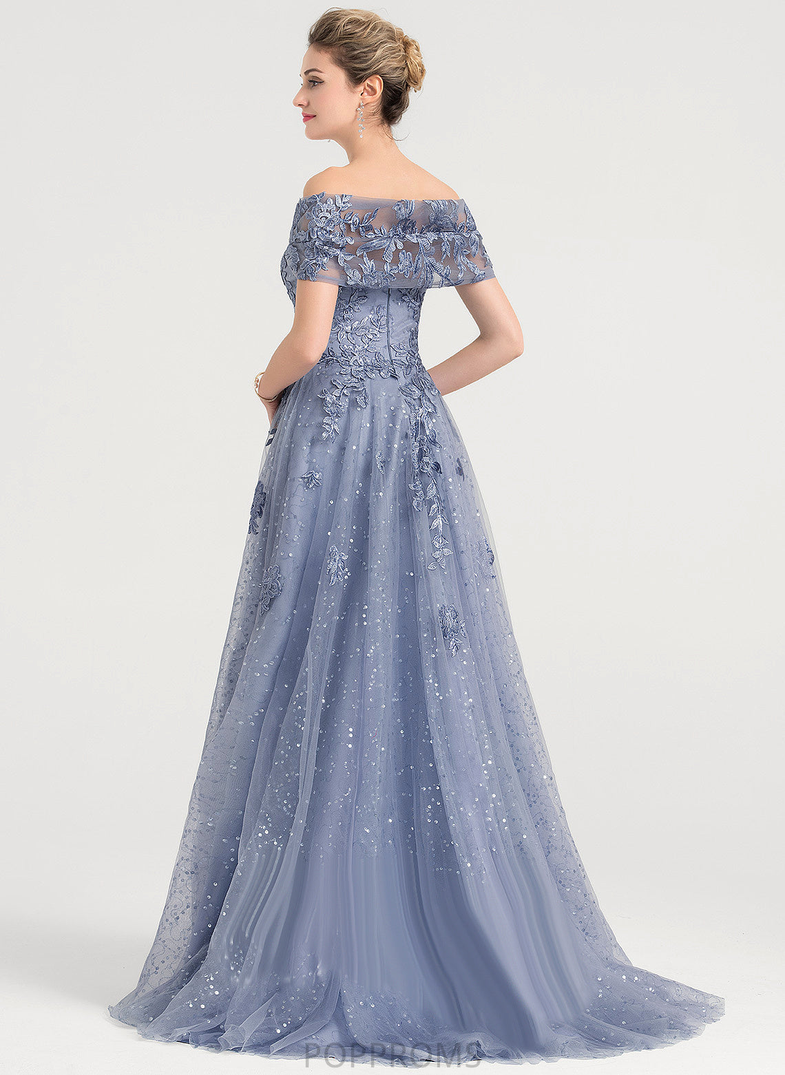 Sweep Sequins Train Adalyn Tulle Prom Dresses Off-the-Shoulder With Lace Ball-Gown/Princess