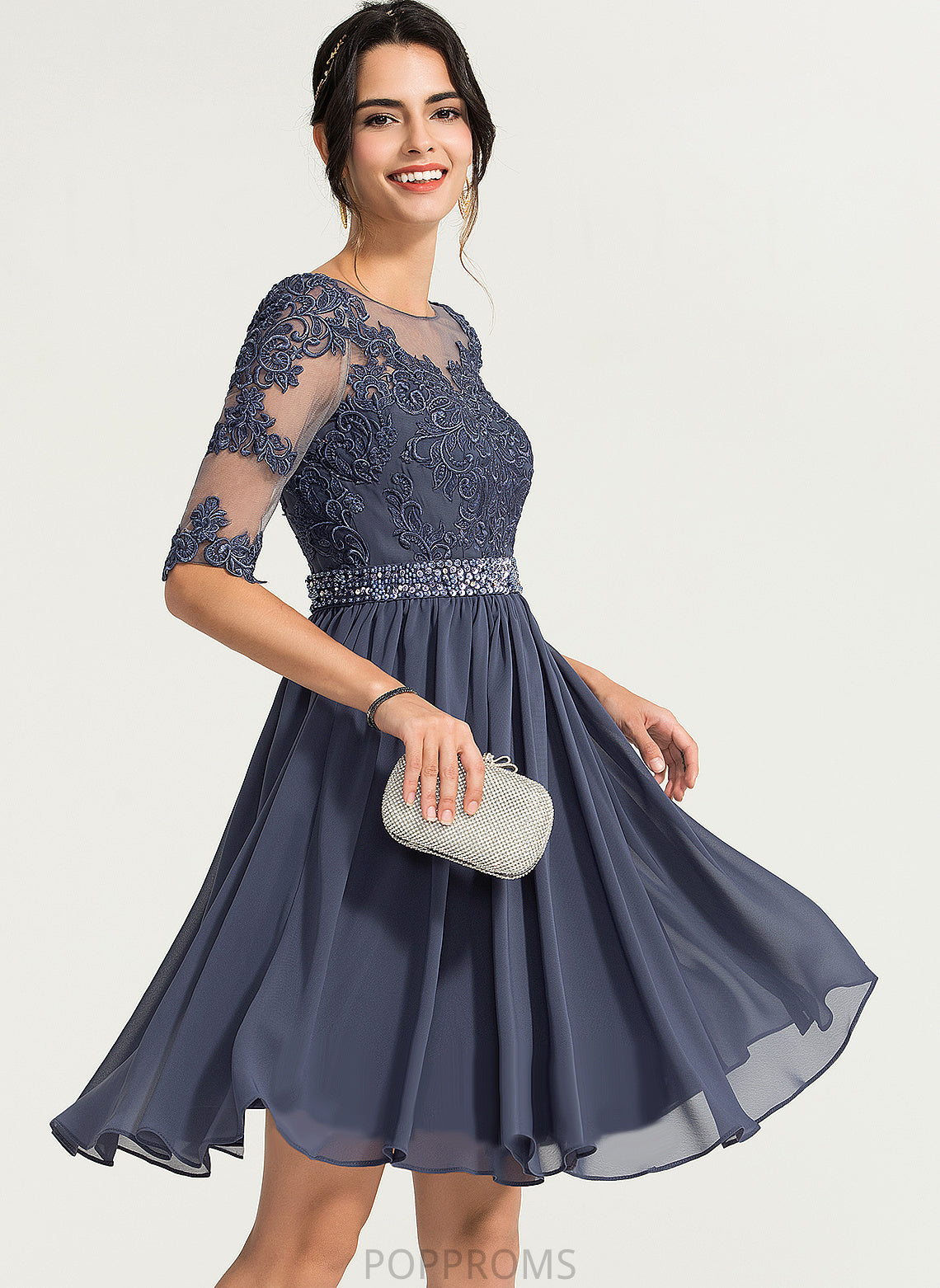 With Dress Chiffon Lena Lace Cocktail Dresses Knee-Length A-Line Scoop Beading Neck Cocktail