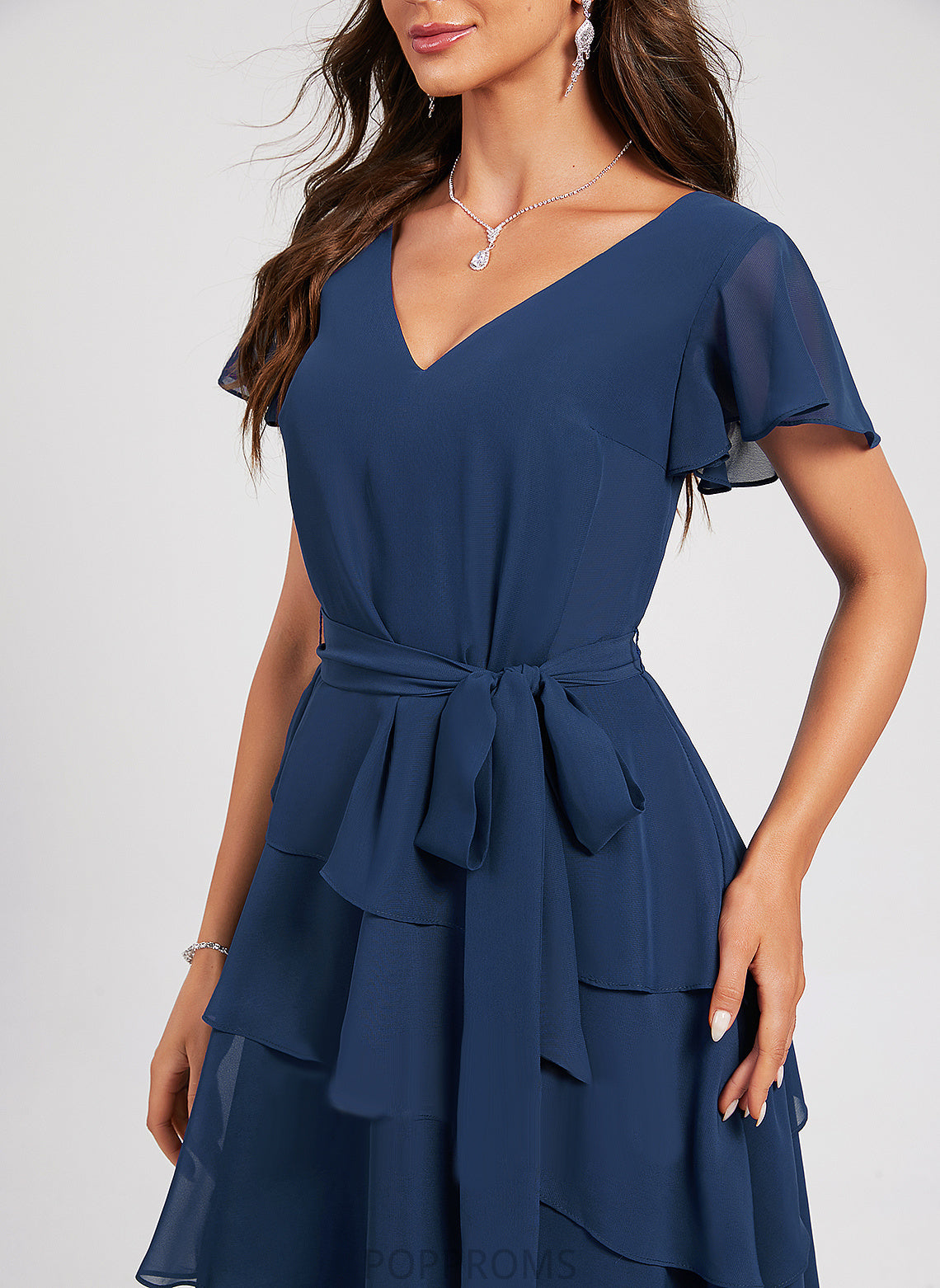 Cocktail Dresses Sash Renata A-Line Chiffon V-neck Knee-Length Dress With Ruffle Cocktail