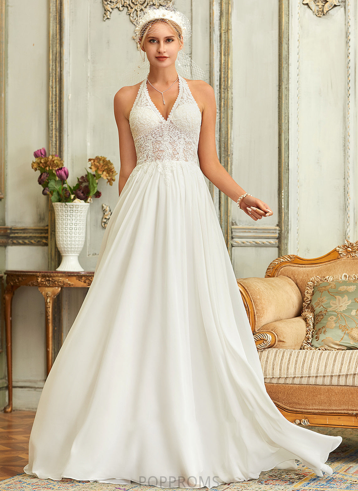 Wedding Dress Halter Sweep Train Chiffon A-Line Jasmin Lace Wedding Dresses