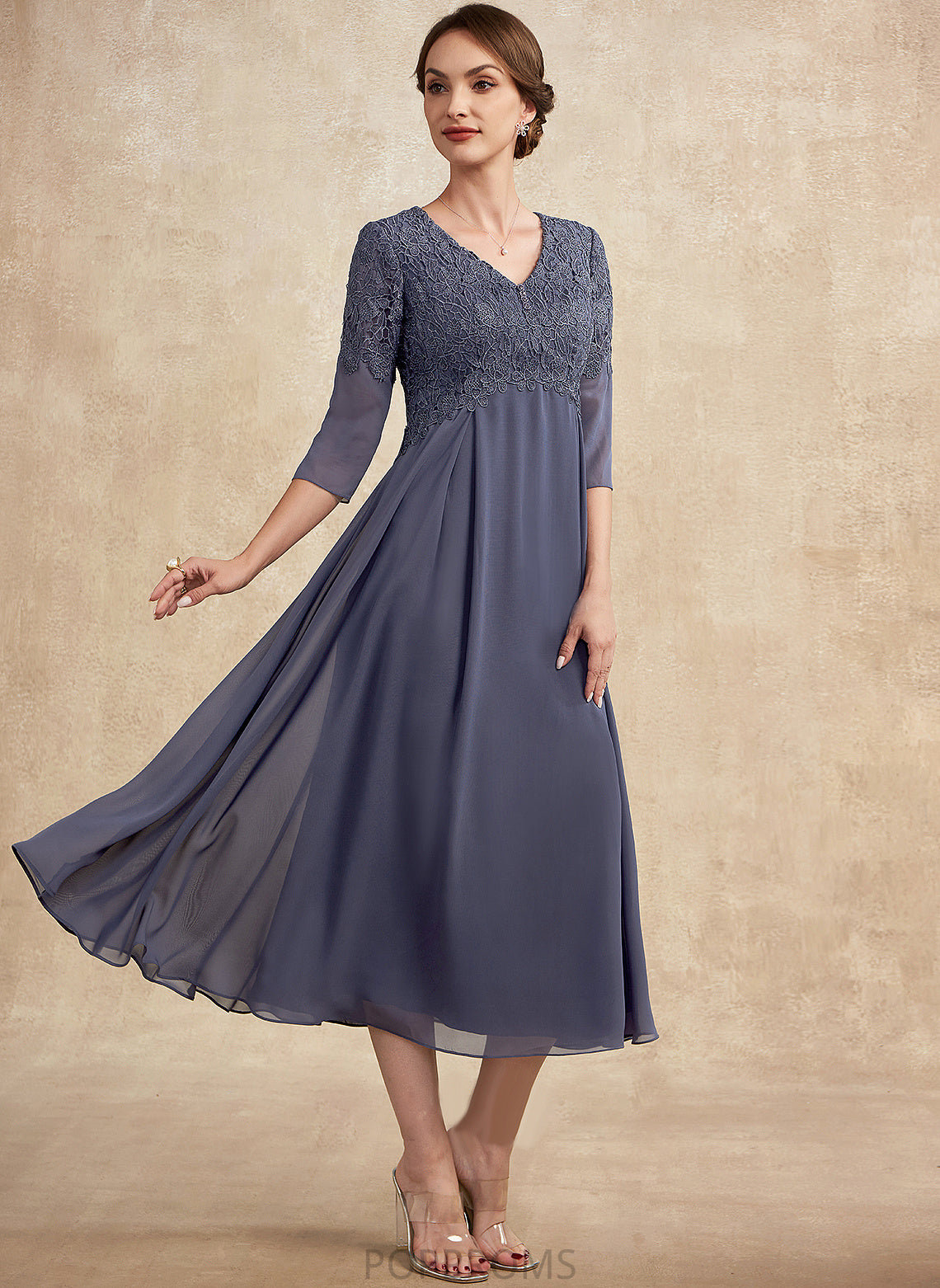 Tea-Length Bride A-Line Lace Beading of V-neck the Mother Dress Kiersten With Mother of the Bride Dresses Chiffon