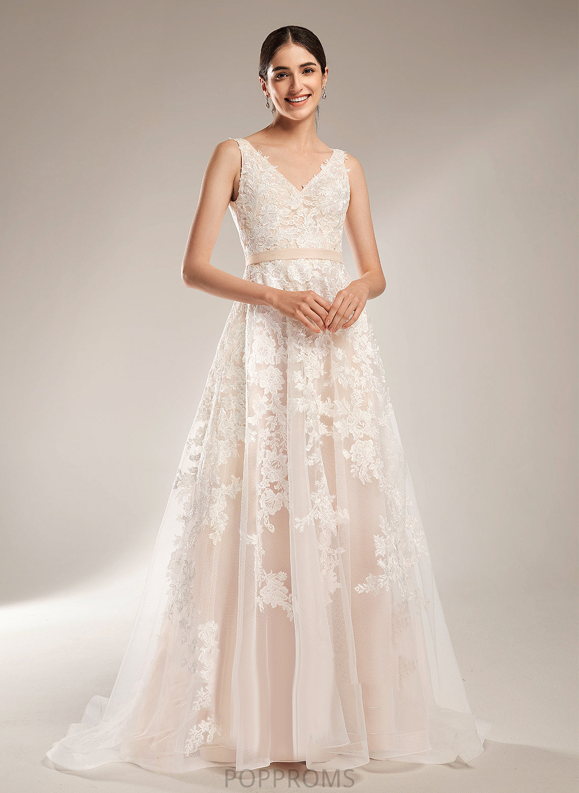 Court Wedding A-Line Dress Angela Wedding Dresses Train V-neck Tulle Lace