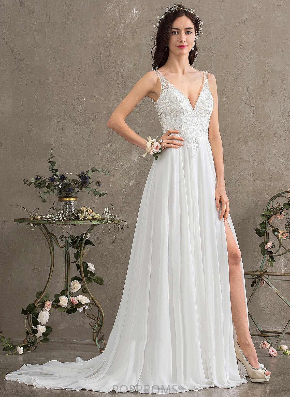 Wedding Chiffon Front A-Line Malia Split Dress Sequins Beading With Lace Sweep V-neck Train Wedding Dresses