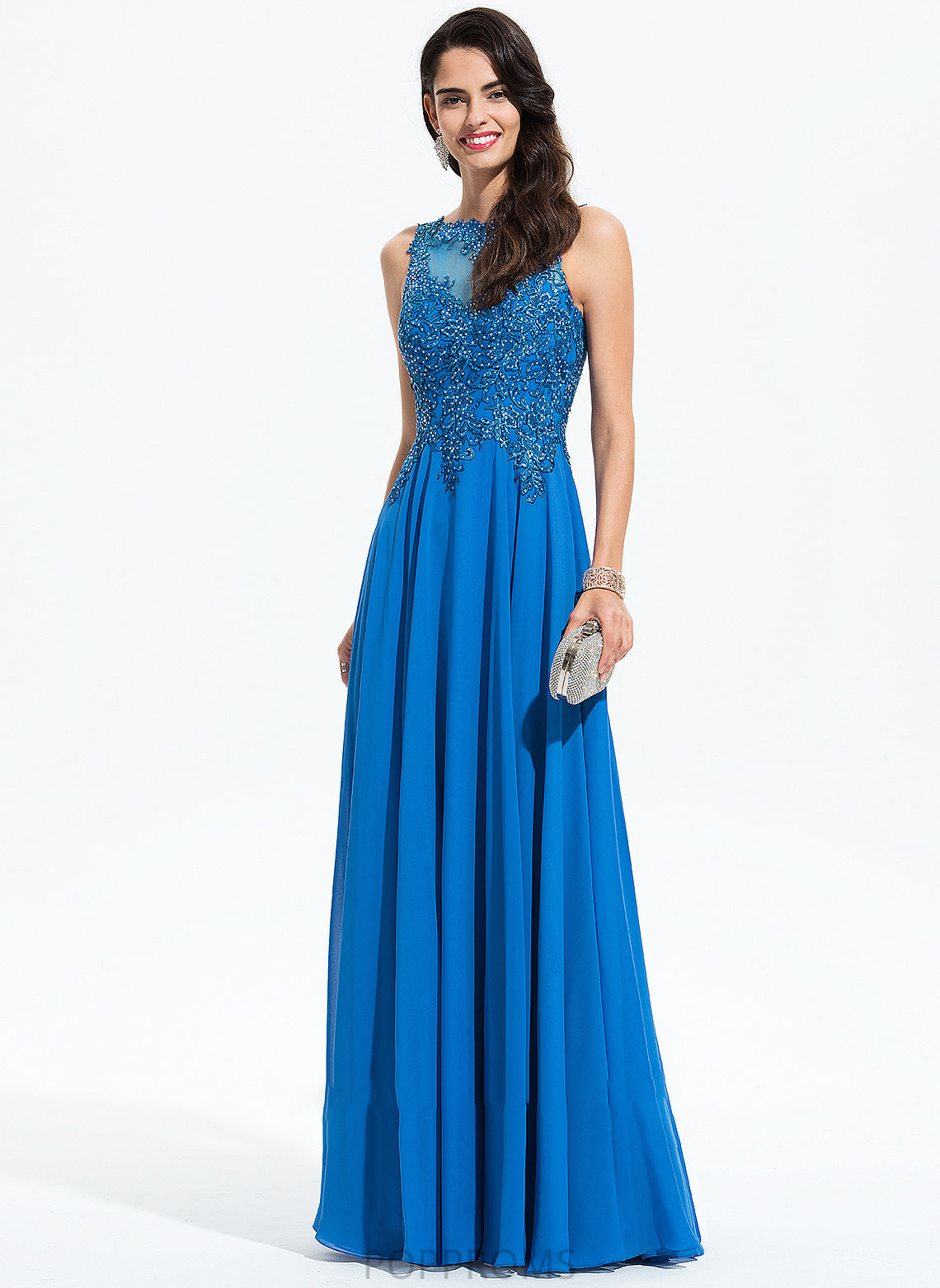 Neck Lace Sequins A-Line Londyn Floor-Length With Chiffon Beading Scoop Prom Dresses