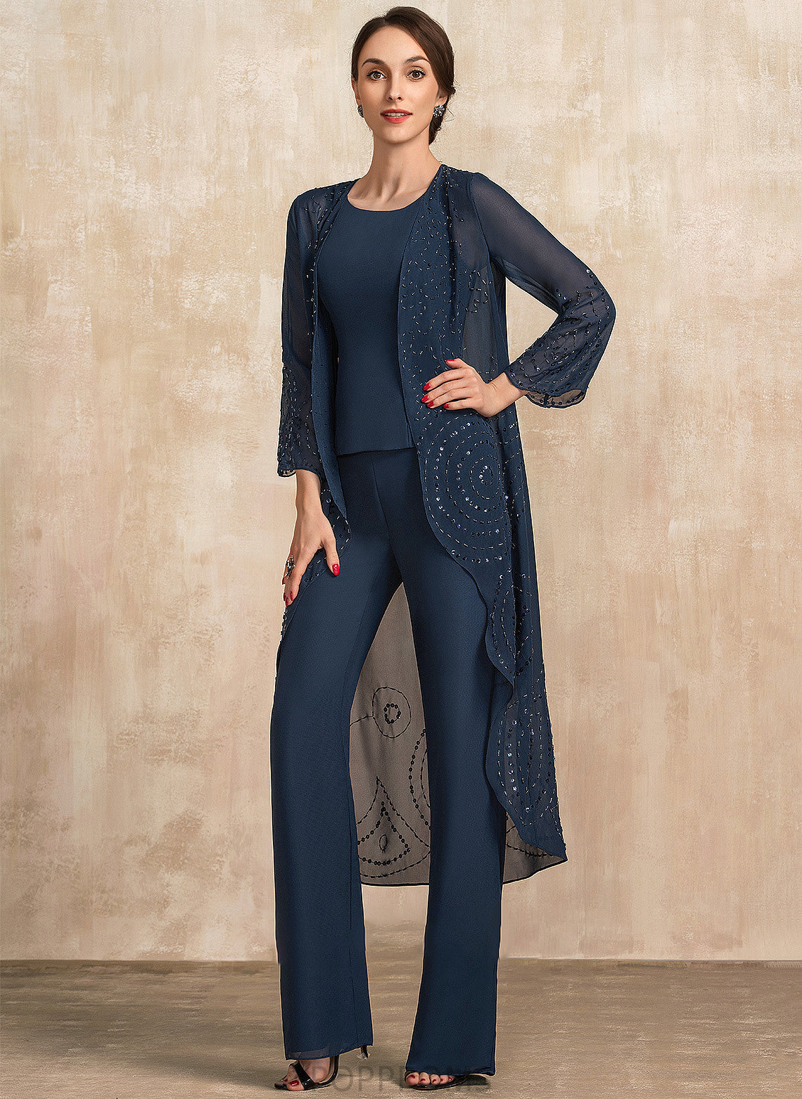 the Floor-Length Chiffon Scoop Mother Jumpsuit/Pantsuit of Dress Mother of the Bride Dresses Bride Raven Neck