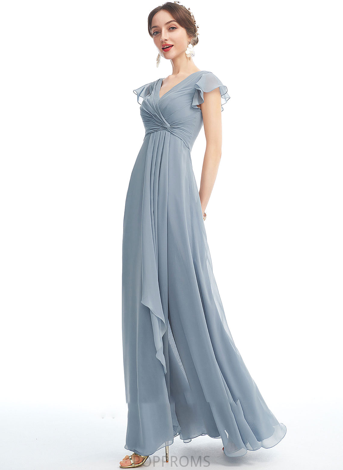 SplitFront Length Fabric V-neck A-Line Floor-Length Neckline Embellishment Ruffle Silhouette Carlee V-Neck Bridesmaid Dresses