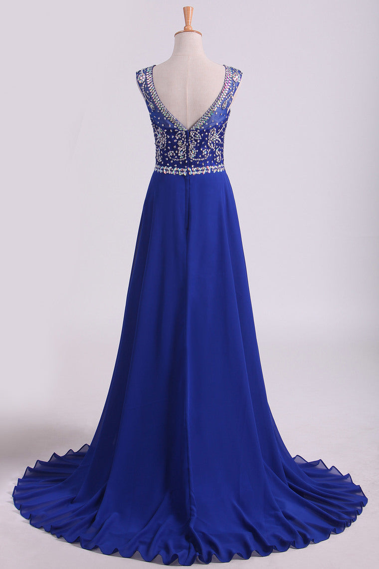 2024 Dark Royal Blue A-Line Bateau Sweep Train Chiffon&Lace Prom Dresses With Slit