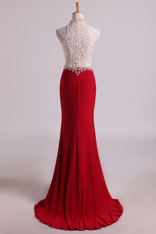 2024 Hot High Neck Prom Dresses Sheath Lace & Spandex Sweep Train