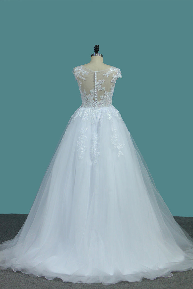 2024 Tulle A Line Scoop Wedding Dresses With Applique Sweep Train