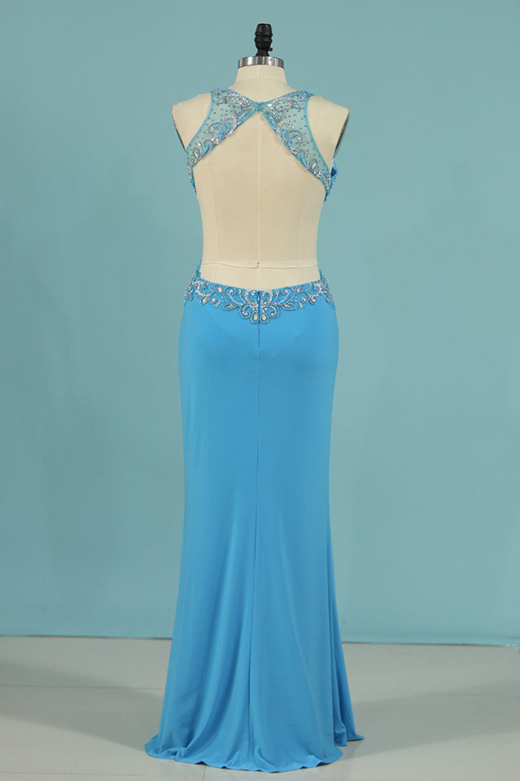 2024 Prom Dresses Scoop Beaded Bodice Spandex Open Back Mermaid