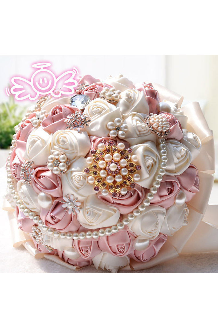 Elegant Round Satin Bridal Bouquets With Pearls