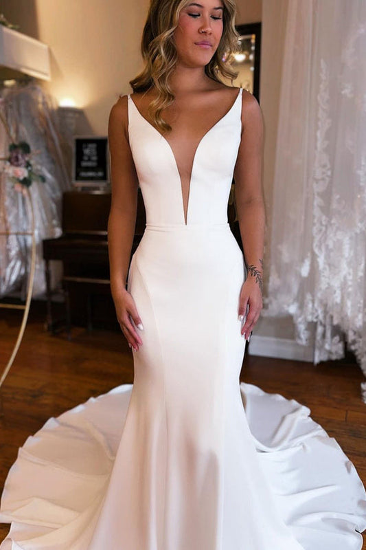 Mermaid V Neck Satin Wedding Dresses with Open Back