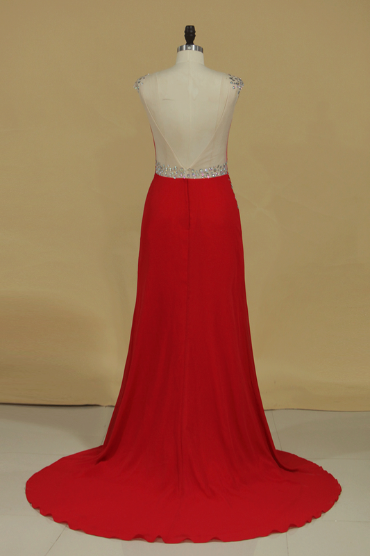 2024 Scoop Sheath Prom Dresses Open Back Chiffon With Beading