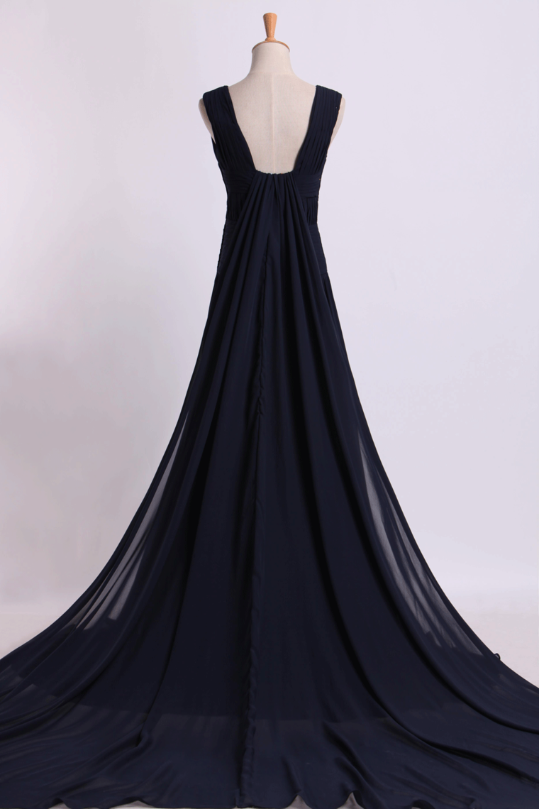 2024 V-Neck Prom Dresses A-Line With Ruffles Court Train Chiffon