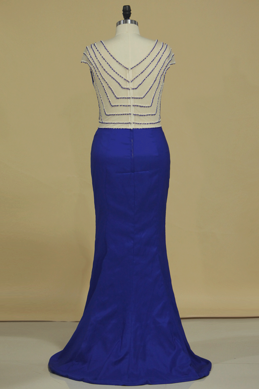 2024 Mermaid V Neck With Beading Prom Dresses Elastic Satin Sweep Train