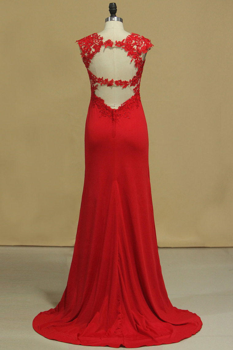 2024 Red Straps Open Back Sheath Prom Dresses Spandex With Applique Open Back