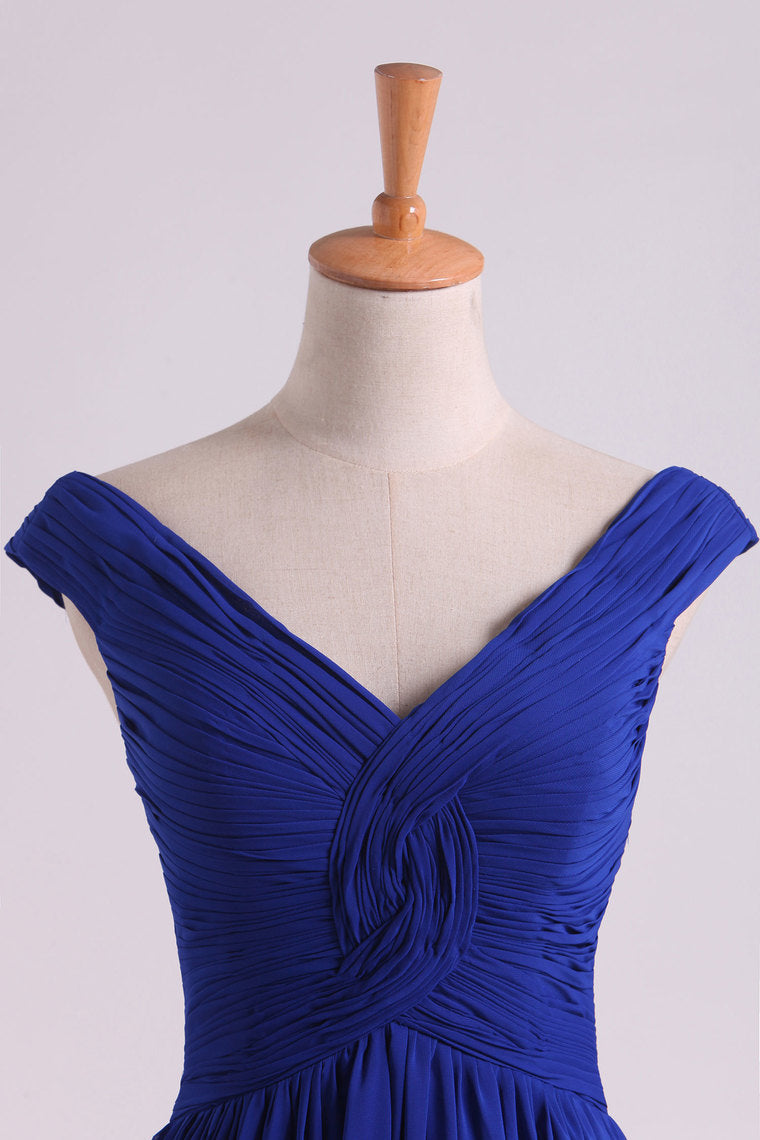 2024 Off The Shoulder Evening Dresses A Line Ruched Bodice Chiffon Floor Length Dark Royal Blue