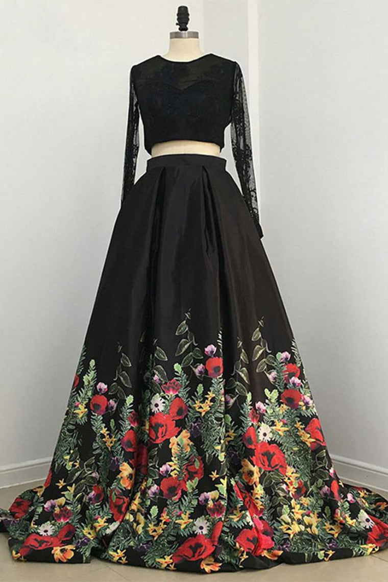 Pretty 2 Pieces Long Sleeves Open Back Black Lace Satin Prom Dresss