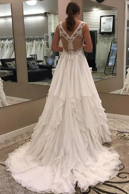 Ivory Lace Chiffon Long V-Neck Elegant Wedding Dresses Modest Wedding Gowns