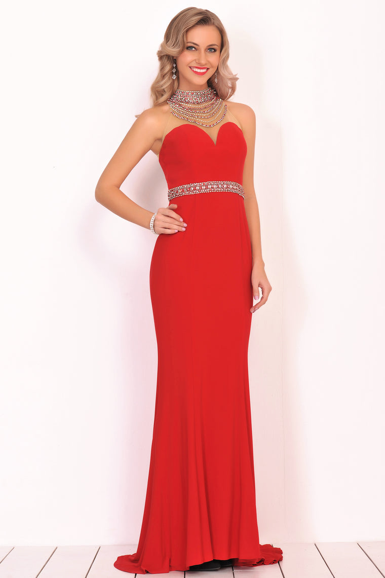 2024 Prom Dresses Mermaid High Neck Spandex With Beading Sweep Train