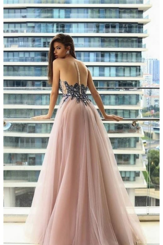 Scoop Prom Dress Tulle Scoop Floor Length Appliques Covered Button