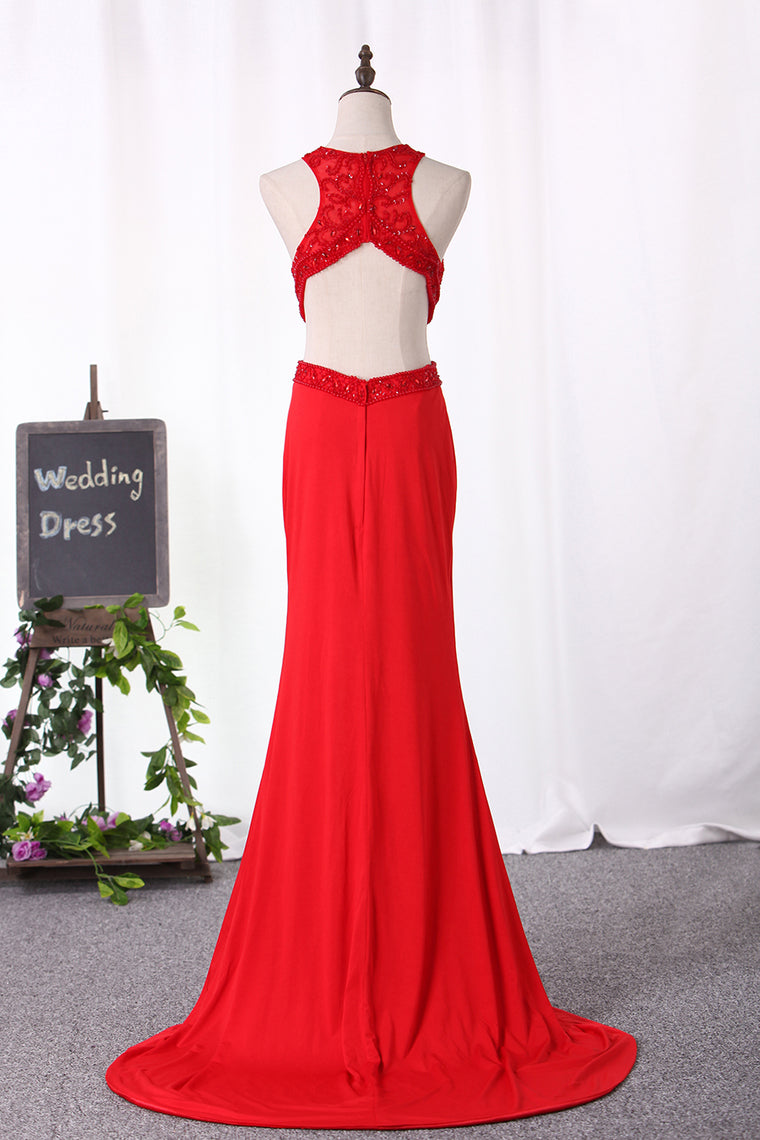 2024 Prom Dresses Mermaid Scoop Open Back Spandex With Embroidery