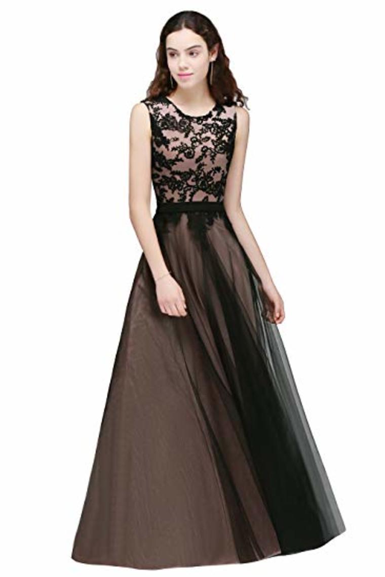 Lace Tulle Round Neck A Line Sleeveless Wedding Bridesmaid Long Evening  Festive Party Dress