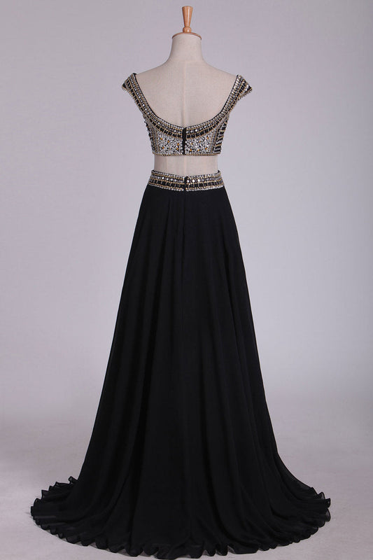 2024 Off The Shoulder Two-Piece A Line Prom Dresses Chiffon With Beading Floor Length