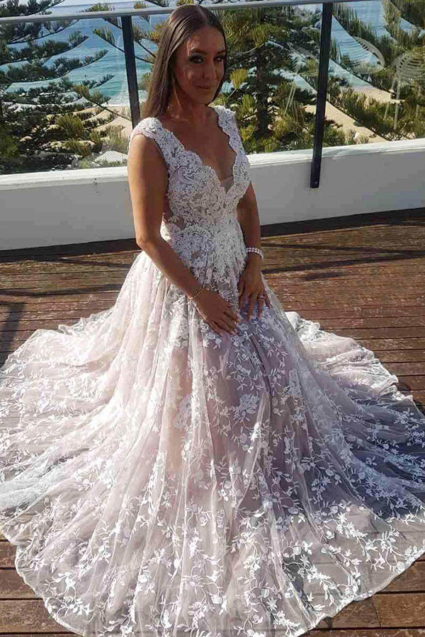 Gorgeous Deep V Neck Open Back With Lace Appliques Wedding Dresses