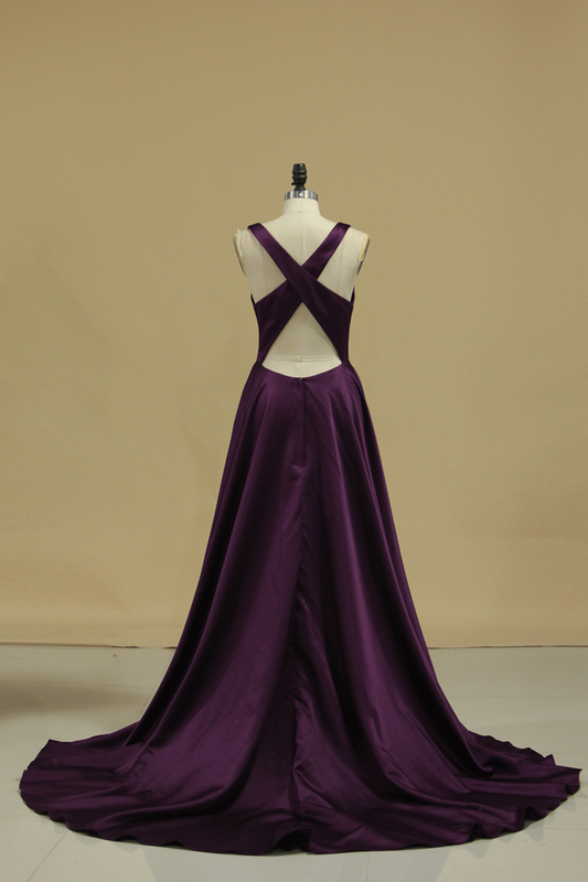 2024 Grape V Neck Evening Dresses A Line With Slit & Ruffles Sweep Train