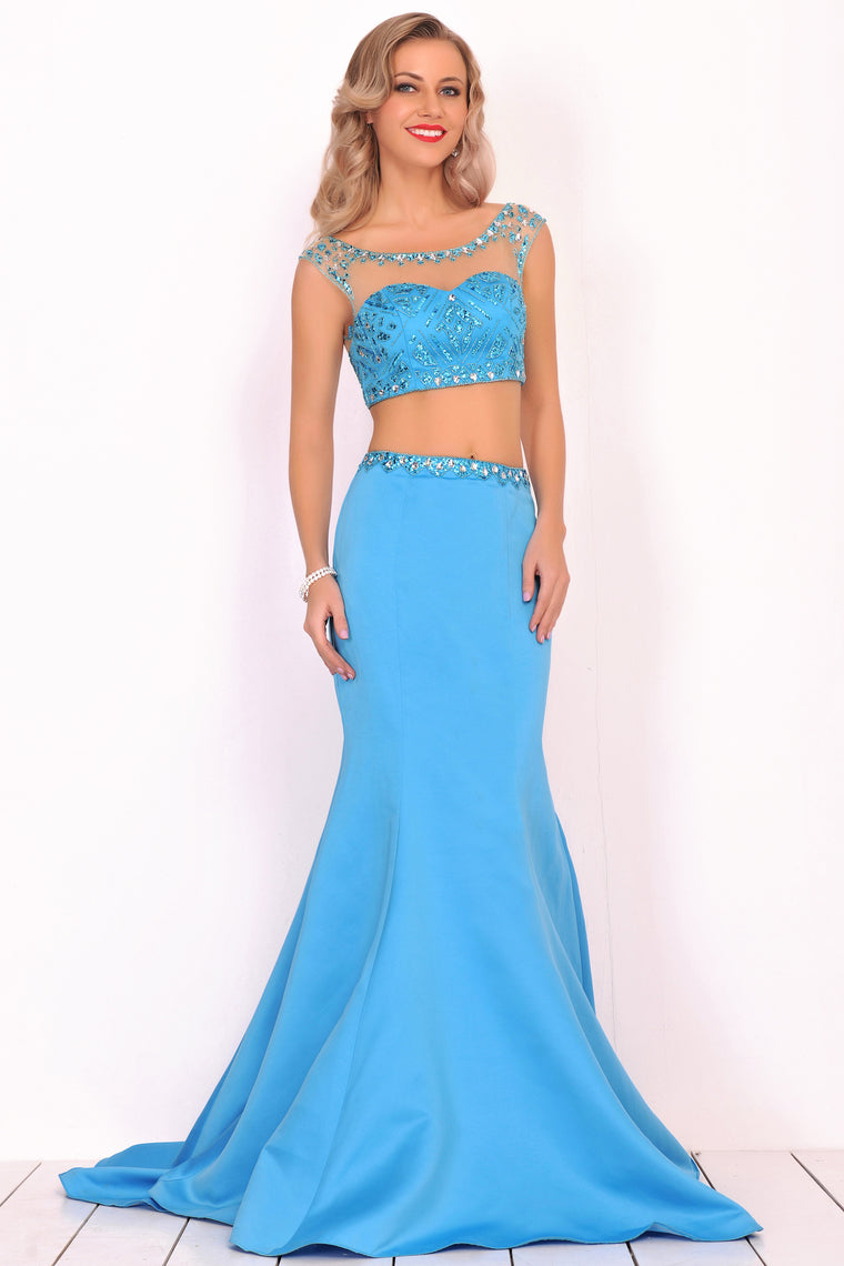 2024 Two-Piece Scoop Prom Dresses Mermaid Satin With Beading