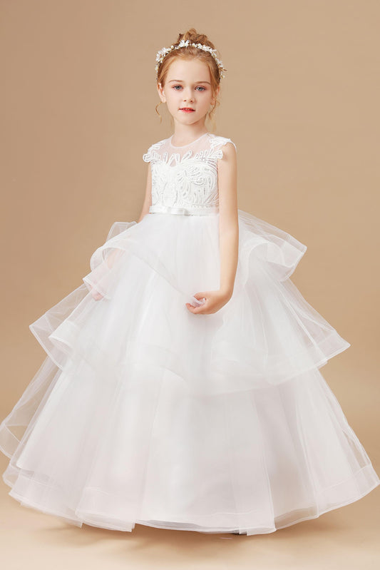 Ivory Multi-layered Tulle Ruffled Satin Flower Girl Dresses With Bow