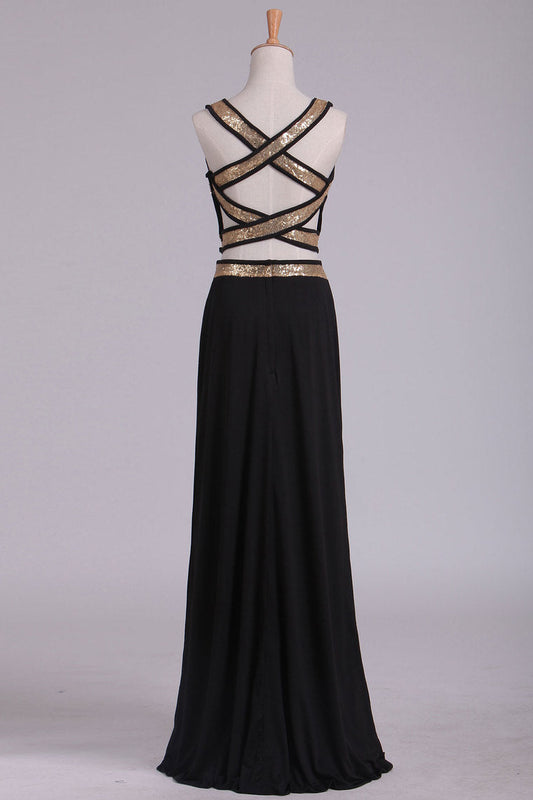 2024 Black Open Back Two Pieces Sheath Prom Dresses Spandex With Beads And Slit