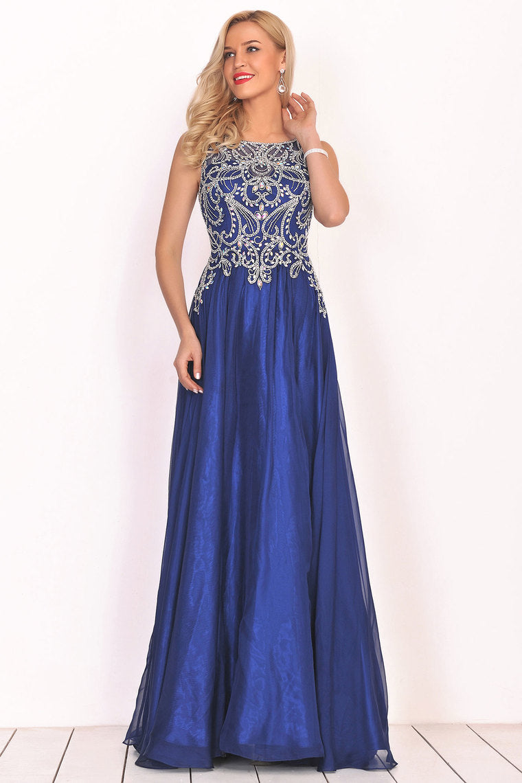 2024 A Line Prom Dresses Scoop Chiffon With Beading Sweep Train