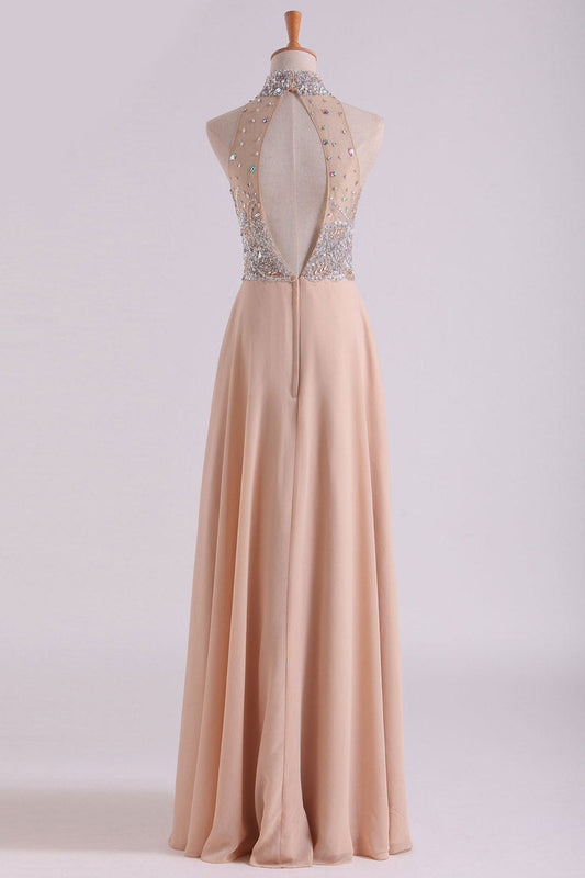 2024 High Neck Prom Dresses A Line Chiffon With Beading Sweep Train