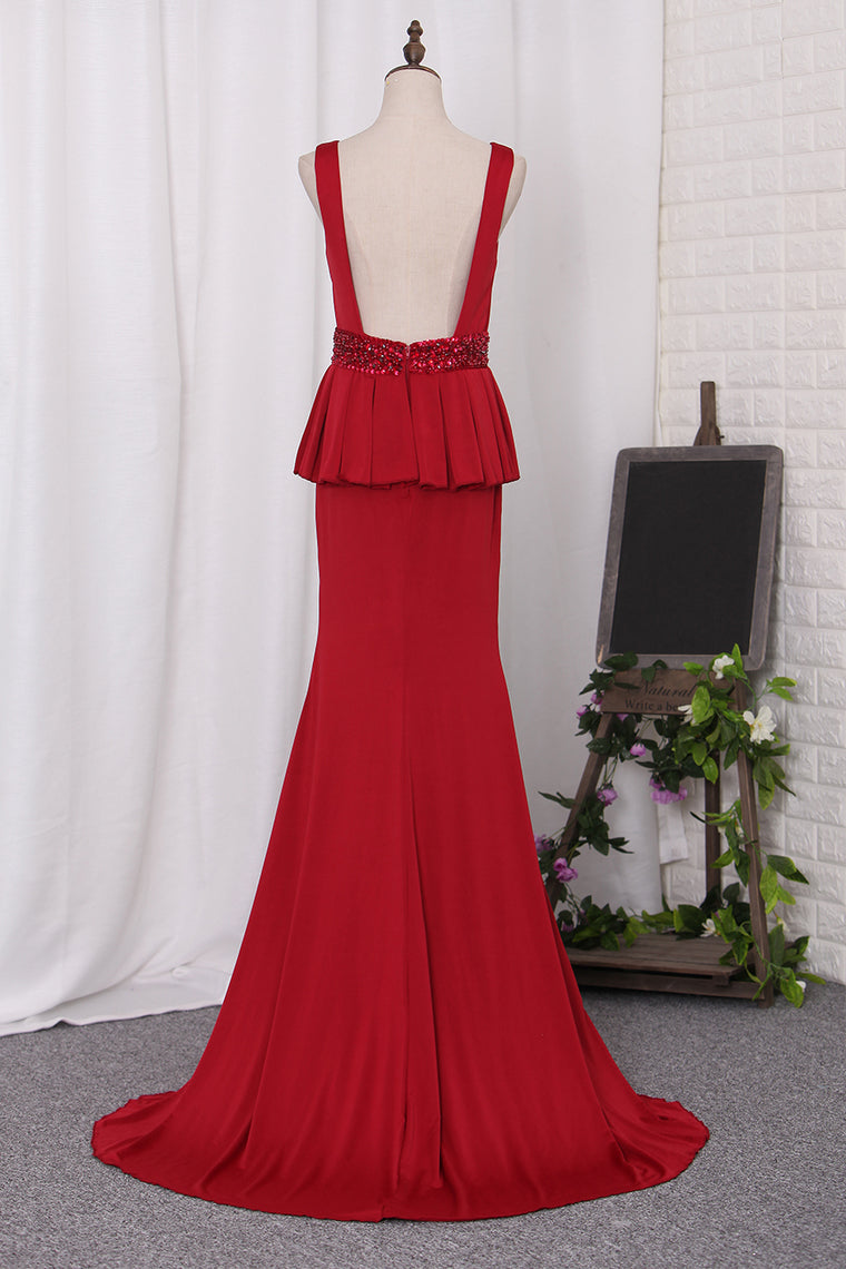 2024 Sexy Open Back Evening Dresses Mermaid V Neck Beaded Waistline Spandex