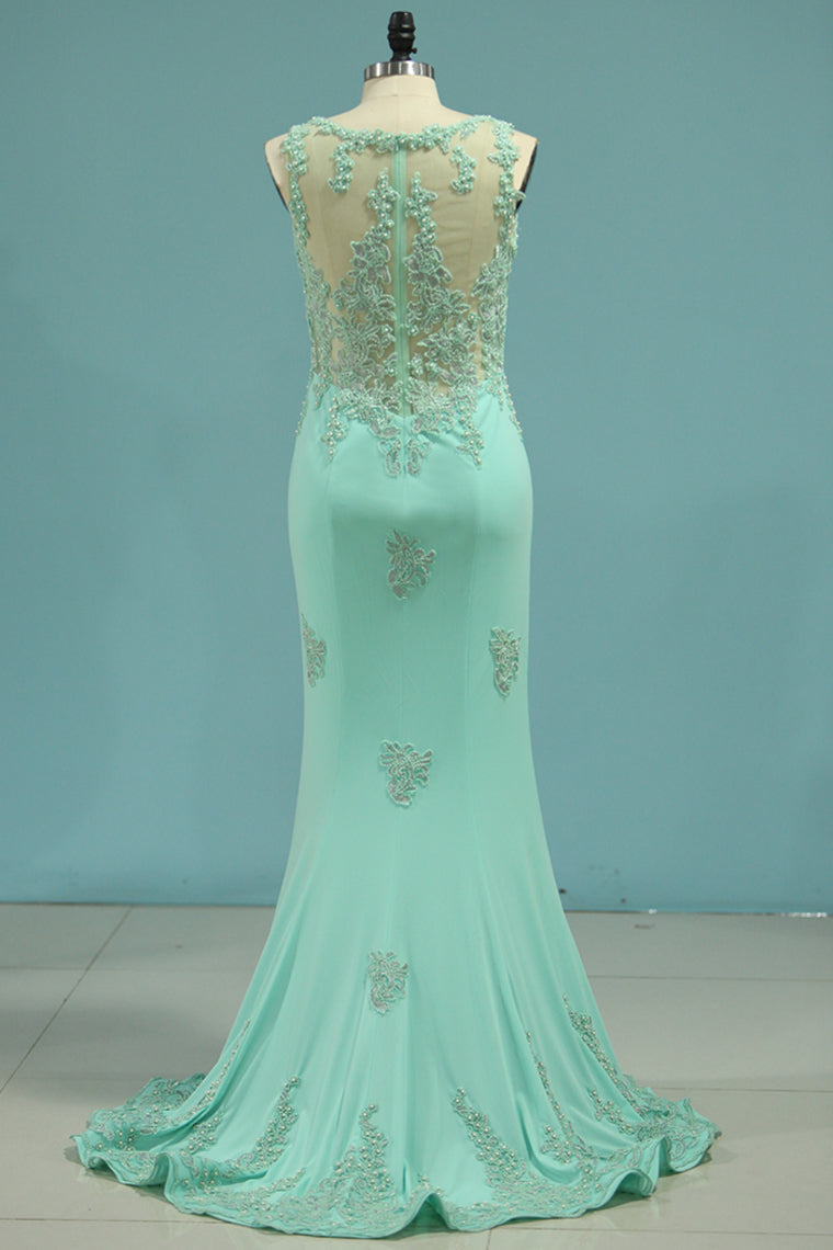 2024 Prom Dresses Mermaid Scoop Spandex With Applique Sweep Train