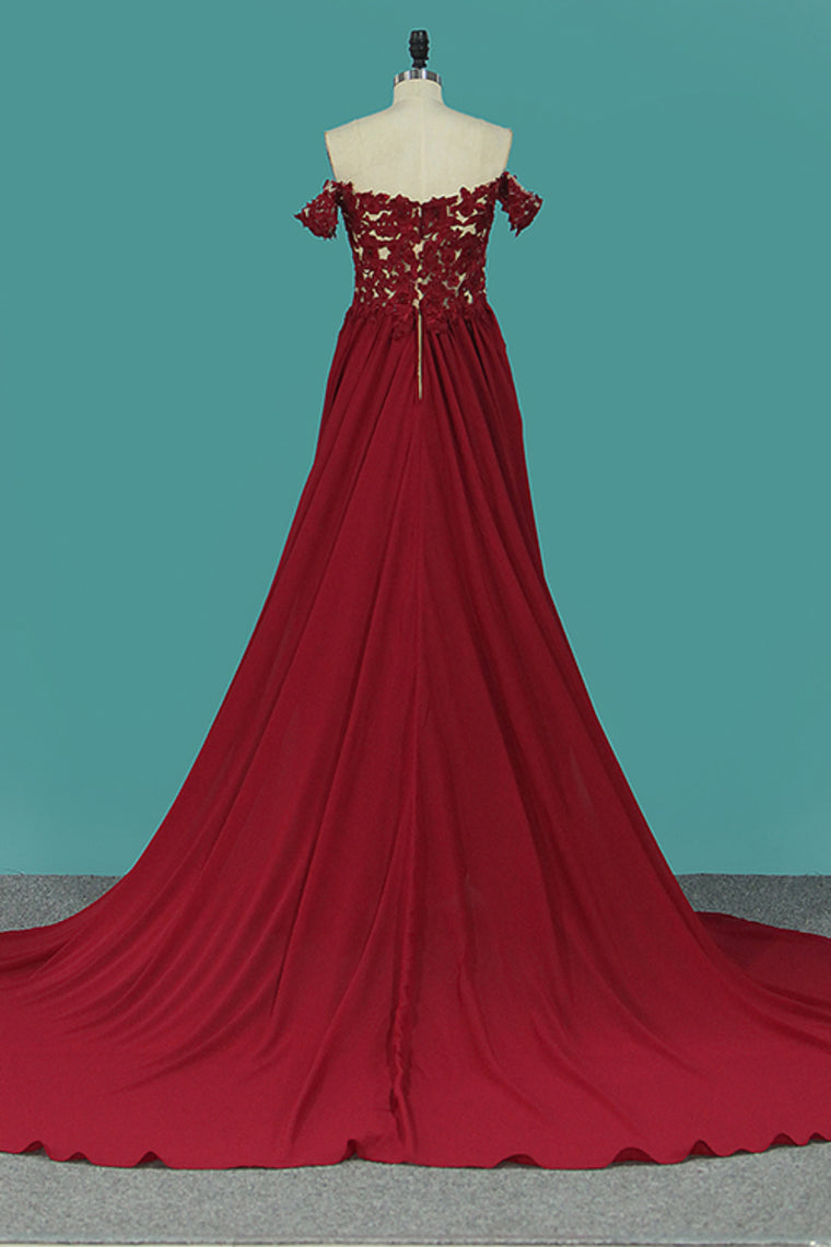 2024 Red Slit Off The Shoulder Prom Dresses A Line Chiffon With Applique And Beads