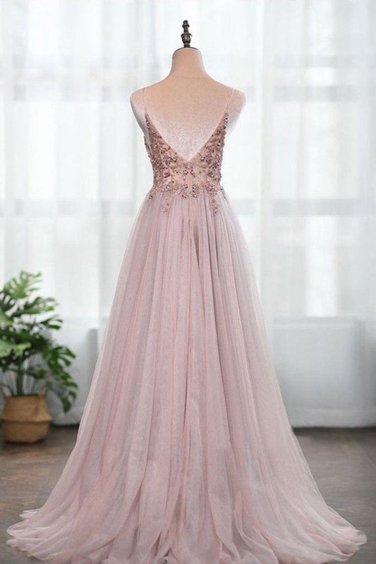 Spaghetti Straps Gorgeous Beading Prom Dress A Line Split Tulle Evening Dresses