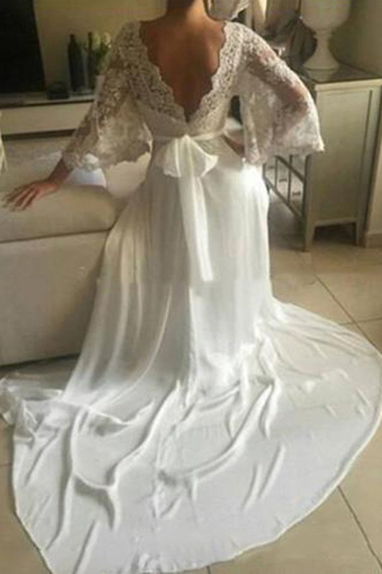 2024 Chiffon 3/4 Length Sleeves Wedding Dresses V Neck Open Back With Applique